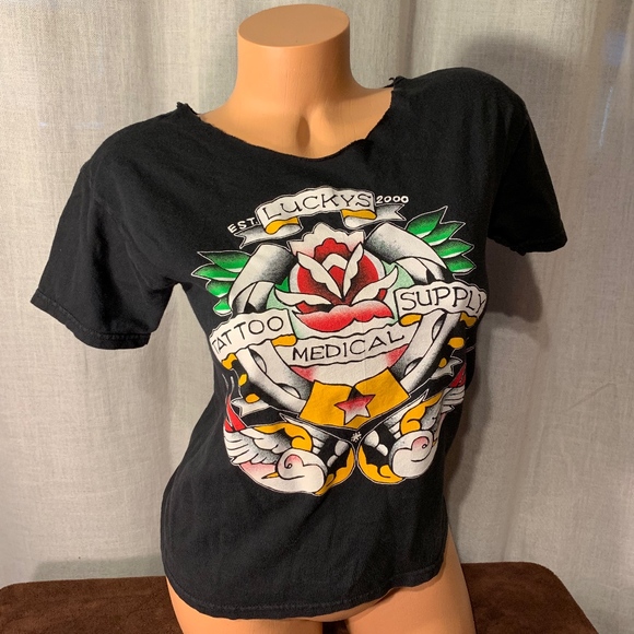 Tops - Traditional Rose and Swallow tattoo tee